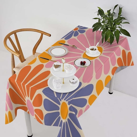 Hippie Floral Tablecloth, 1970s Retro Orange Pink Blue Flower Boho Groovy Daisy Flowers Aesthetic Print Table Cover for Party Picnic Dining Room Kitchen 60x102inch