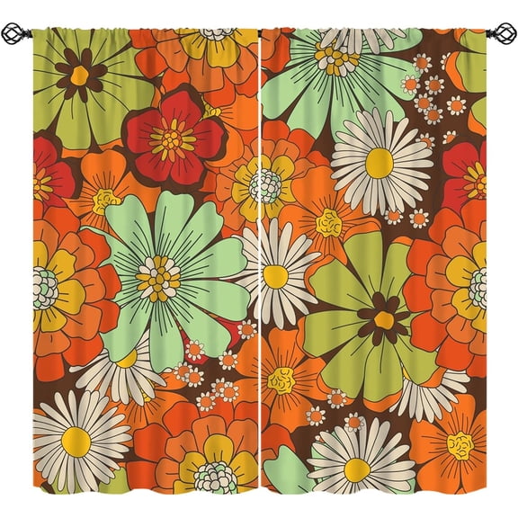 Hippie Flower Curtains, Vintage 60S 70S Hippie Groovy Boho Floral Flower Print Window Treatments, Rod Pocket Thermal Insulated Drapes 2 Panel Sets for Bedroom Living Room, 63"W X 63"L