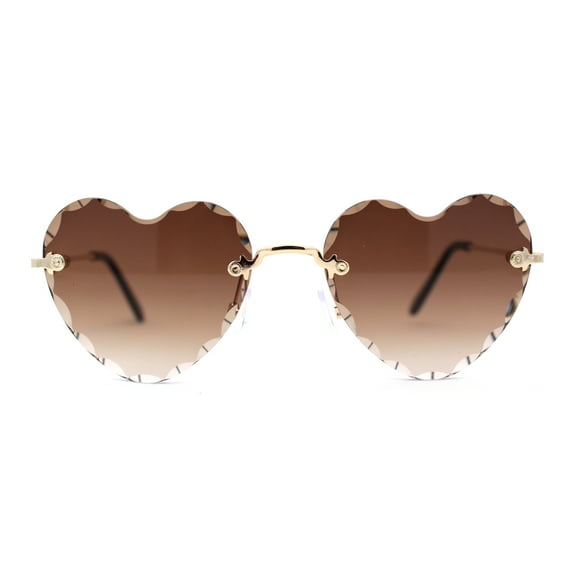 Hippie Flower Petal Beveled Lens Heart Shape Rimless Sunglasses Gold Brown