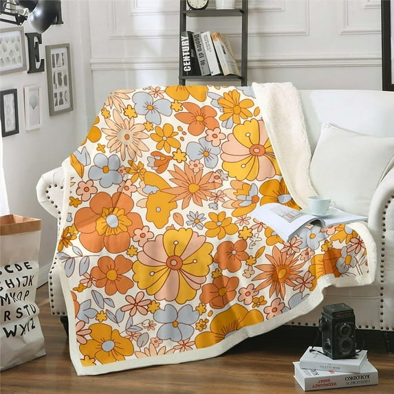 Hippie Flower Sherpa Blanket Groovy Birthday Decorations Blanket Cute Rainbow Floral Throw Blanket for Chair for Girls Women Bedroom Decor Retro 70s Theme Fleece Blanket 40x50 Size