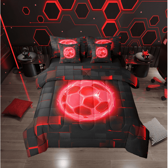 Hippie Football Twin Comforter Set with Sheets - 7 Pieces Neon Soccer Twin Size Bedding Sets,Sports Lover Bed in a Bag with 3D Check Plaid Comforter, Sheets, Pillowcase & Shams