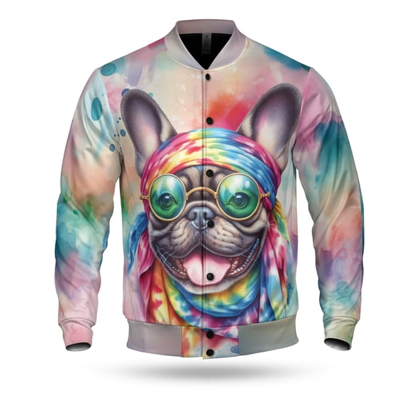 Hippie French Bulldog Portrait Watercolor Tie-Dye Vintage Styles All Over Print 3D Baseball Jacket Dog Lover Gifts Bomber Jacket Softball - 00014