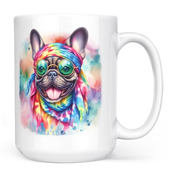 Hippie French Bulldog Portrait Watercolor Tie-Dye Vintage Styles Mug Dog Lover Gifts Coffee Tea Cup - 00014