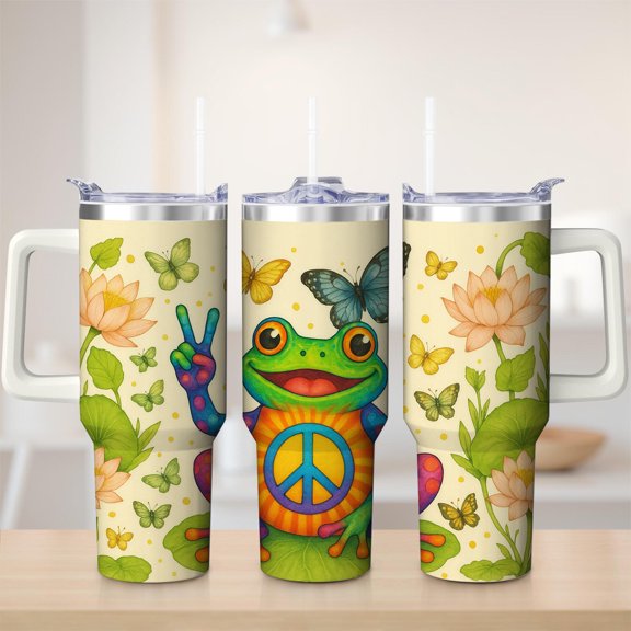 Hippie Frog Peace Butterfly Stainless Steel Insulated Mug with Lid and Handle, 30oz