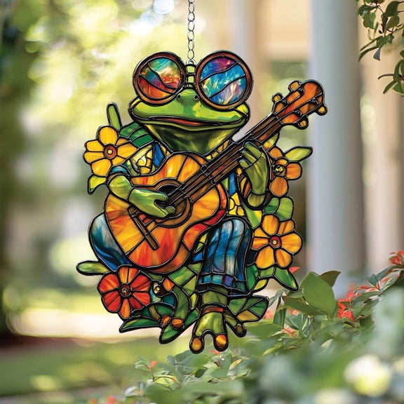 Hippie Frog Playing Guitar Faux Stained Glass Suncatcher, Boho Acrylic Window Hanging for Music Lovers and Hippie Groovy Decor Fans