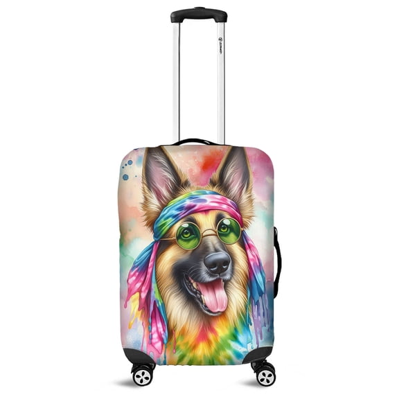 Hippie German Shepherd Portrait Watercolor Tie-Dye Vintage Styles Travel Luggage Cover Alsatian Dog Lover Gifts Suitcase Dust Protective Decor - 00014