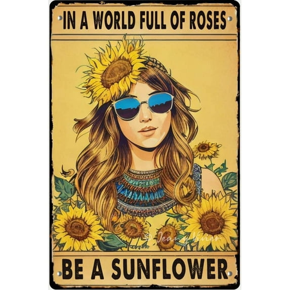 Hippie Girl and Sunflower Decor in A World Full of Roses Be A Sunflower Inspirational Quote Decor Retro Metal Tin Sign for Pub Bar Man Cave Club Decoration Housewarming Gift 5.5x8 Inches