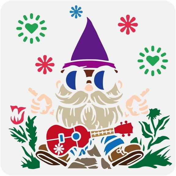 Hippie Gnome Large Stencil 11.8x11.8inch Hippie Dwarf Painting Stencil Guitar Flower Drawing Stencil Creative Hippie Pattern Stencil Christmas Decoration Templates for Wall Tiles Floor for DIY