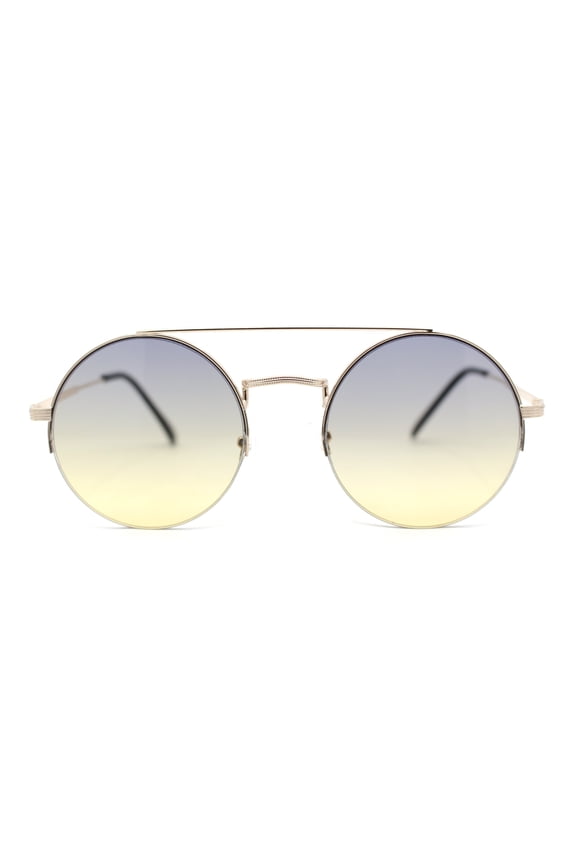 Hippie Gradient Round Circle Lens Metal Half Rim Double Bridge Sunglasses Gold - Yellow Smoke