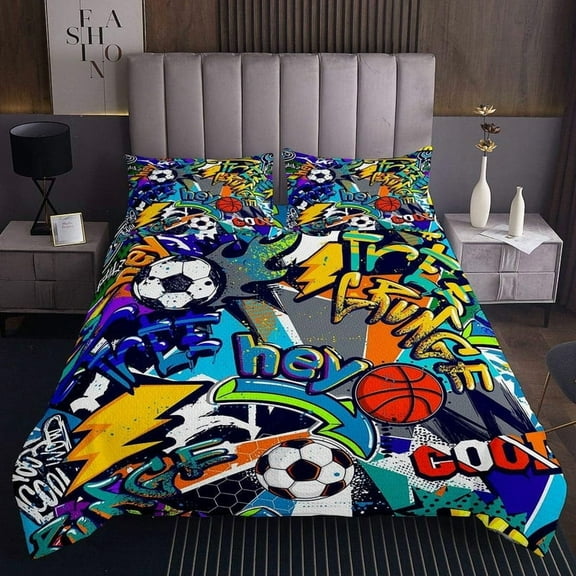 Hippie Graffiti Style Quilted Throw Blanket - Soft Twin Size Bedspread for Kids/Adults, Football & Basketball Sport Theme, Lightweight Decor, Christmas Birthday Gift (Boys Girls Teens)