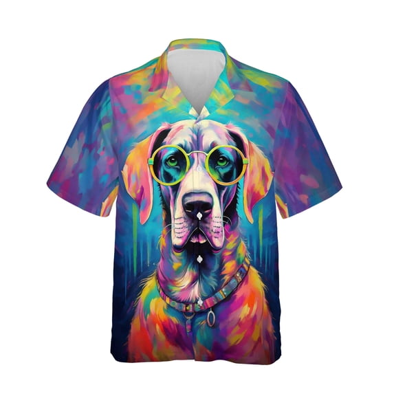 Hippie Great Dane Portrait oil painting Watercolor Tie-dye Vintage Hawaiian Shirt Breathable Summer Unisex Merch Danes Dog Lover Gifts - 00015