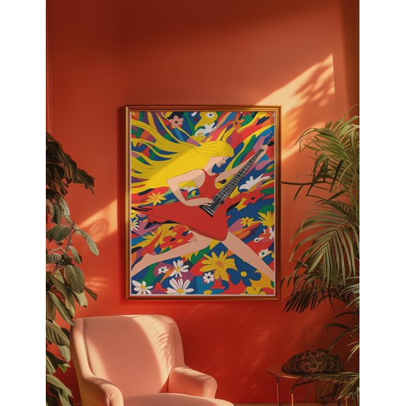 Hippie Guitar 1960s Flower Power Retro Art, Unframed Canvas 8x10in