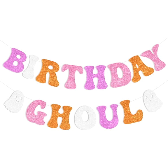 Hippie Halloween Decorations, Groovy Birthday Ghoul Banner Glitter for Girls Retro Halloween Ghost Spooky Boo Birthday Party Supplies