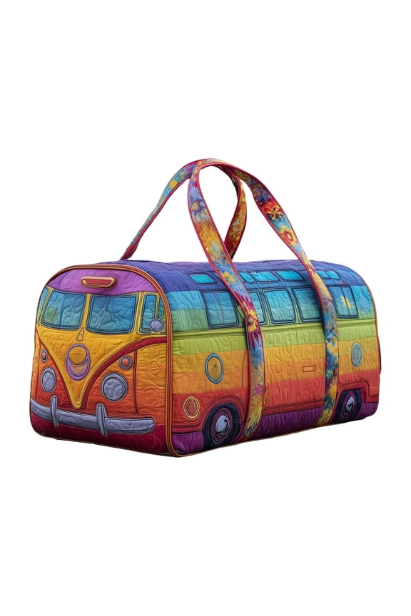 Hippie Journey Quilted Duffel Bag,Colorful Retro Hippie Van Travel Duffle Bag,Boho Travel Weekender Bags Overnight Luggage Bag Gym Tote Beach Bag with Vibrant Floral Print (Large,18" L x 9" W x 9" H)
