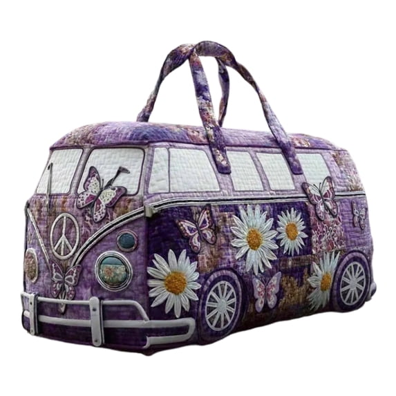 Hippie Journey Quilted Duffel Bag,Hippie Van Quilted Duffle Bag,Boho Travel Duffle Bag Vintage Floral Travel Weekender Bags Overnight Luggage Gym Bag for Everyday Travel (16"L x 8"W x 8"H)