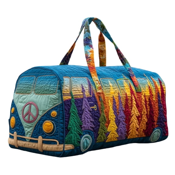 Hippie Journey Quilted Duffel Bag,Hippie Van Quilted Duffle Bag,Boho Travel Duffle Bag Vintage Floral Travel Weekender Bags Overnight Luggage Gym Bag for Everyday Travel (16"L x 8"W x 8"H)