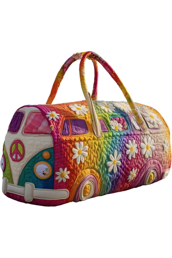 Hippie Journey Quilted Duffel Bag Hippie Van Travel Duffel Bag Vintage Floral Weekender Overnight Bags Women Gym Bags(Q)