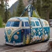 Hippie Journey Quilted Duffel Bag Vintage Floral Hippie Van Travel Duffle Bag Boho Retro Travel Weekender Bag Overnight Luggage Gym Tote Blue Sunflower, 18 L x 9 W x 9 H