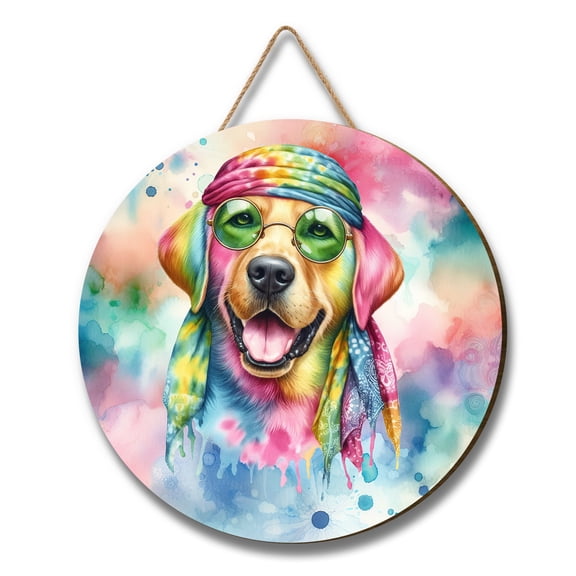 Hippie Labrador Retriever Portrait Watercolor Tie-Dye Vintage Styles Round Wood Sign Lab Dog Lover Gifts Hanging Wall Home Decor - 00014