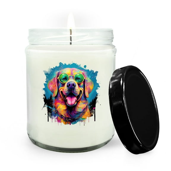 Hippie Labrador Retriever Portrait oil painting Watercolor Tie-dye Vintage Soy Wax Candle Lab Dog Lover Gifts 16oz White Vanilla Candle - 00015