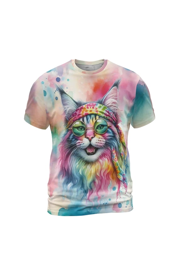 Hippie Maine Coon Portrait Watercolor Tie-Dye Vintage Styles All Over Print 3D Shirt Unisex Merch Cat Lover Kitten Owner Gifts - 00014