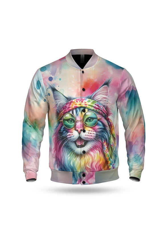 Hippie Maine Coon Portrait Watercolor Tie-Dye Vintage Styles All Over Print 3D Baseball Jacket Cat Lover Kitten Owner Gifts Bomber Jacket Softball - 00014