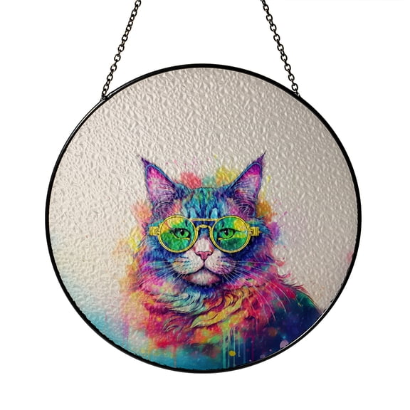 Hippie Maine Coon Portrait oil painting Watercolor Tie-dye Vintage Stained Glass Suncatcher Cat Lover Kitten Owner Gifts Window Hanging Sign Decor - 00015