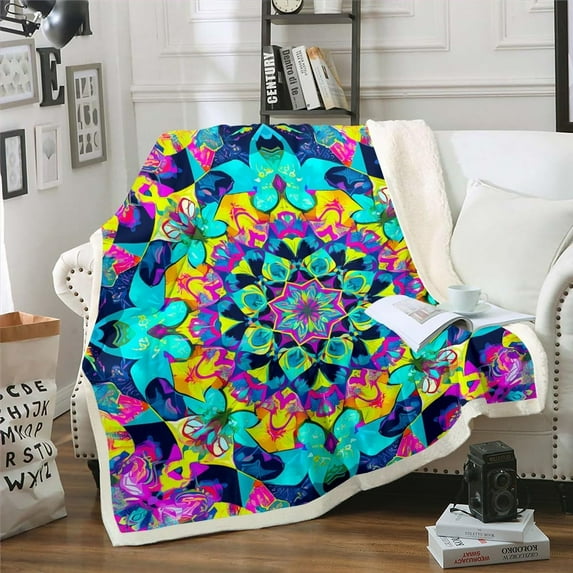 Hippie Mandala Blanket Boho Floral Throw Blanket for Bed for Kids Teen Adults, Teal Pink Gradient Fleece Blanket Watercolor Art Sherpa Blanket, Bohemian Aesthetic Fuzzy Blanket