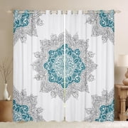 Hippie Mandala Curtains for Girls Boys Bohemian Floral Blackout Curtains, Boho Paisley Curtains & Drapes Indian Medallion Bedroom Curtains, Chic Aesthetic Window Treatments White Teal Room Decoration