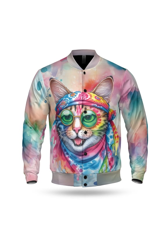 Hippie Manx Portrait Watercolor Tie-Dye Vintage Styles All Over Print 3D Baseball Jacket Cat Lover Kitten Owner Gifts Bomber Jacket Softball - 00014
