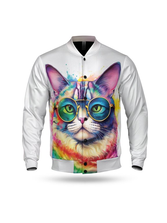 Hippie Manx Portrait oil painting Watercolor Tie-dye Vintage All Over Print 3D Baseball Jacket Cat Lover Kitten Owner Gifts Bomber Jacket Softball - 00015
