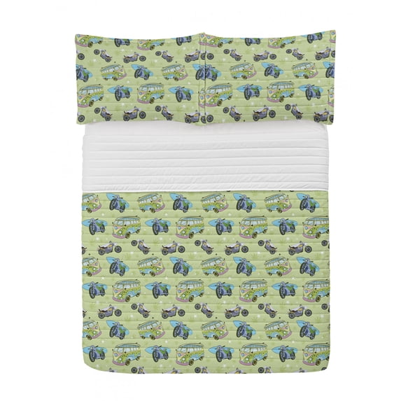 Hippie Microfiber Bedspread Set, Motorbikes and Buses with Retro Style Motifs Surfing Vacation Season, Soft Bedding Set with Pillow Shams & Comforter, 3 Sizes, Pale Green Multicolor, by Ambesonne