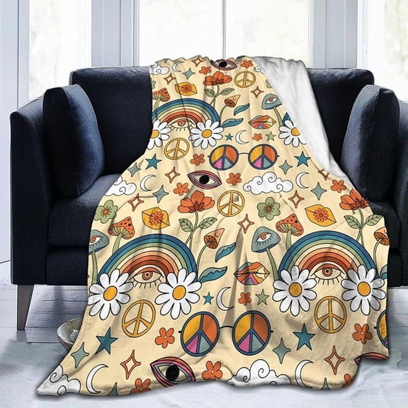 Hippie Mushroom Floral Retro 70s Blanket, Soft Blankets Flannel Bed Throw Cozy Lightweight Plush Gifts for Women Men Boys Girls Sofa Couch Bedroom Living Rooms Warm All Season, Home Decor, 60"x50"