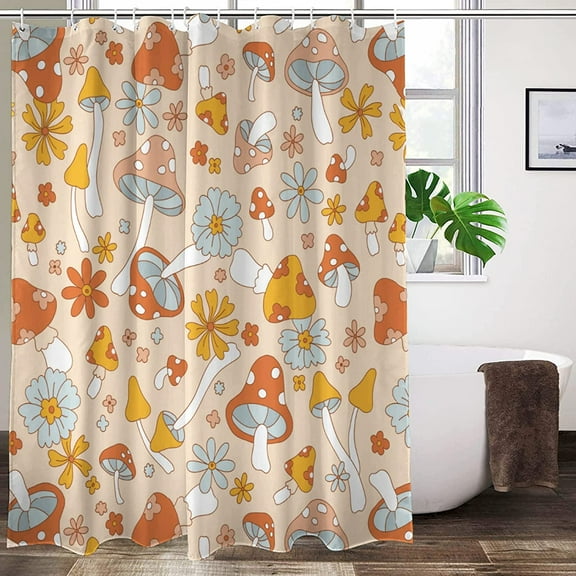 Hippie Mushroom Shower Curtain Funky Vintage Cute Flower Boho Floral Washable Waterproof Fabric Bath Curtains Set for Bathroom Decor Art 72"W x 78"L (Pack of 1)