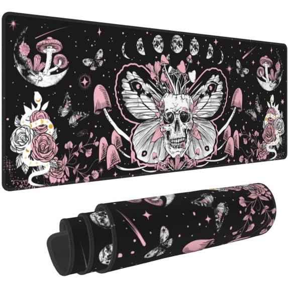 Hippie Mushroom Skull Mouse Pad Extended XL Gaming Mice Pad Office Desk Mat with Stitched Edges, Non-Slip Oversized Desk Pad, 31.5 X 11.8 Inch