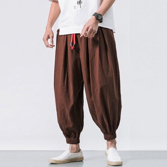 Hippie Pants for Men Stretchy Waist Drawstring Cotton Linen Pants Casual Loose Lightweight Harem Pants, 2XL