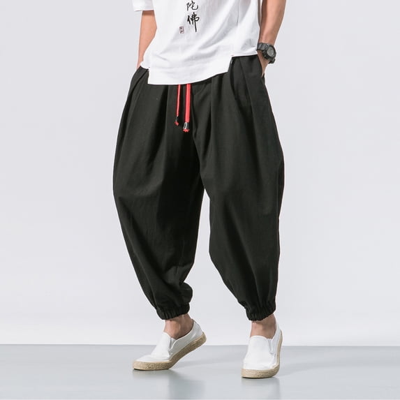 Hippie Pants for Men Stretchy Waist Drawstring Cotton Linen Pants Casual Loose Lightweight Harem Pants, 2XL