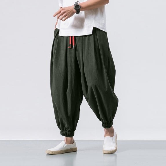 Hippie Pants for Men Stretchy Waist Drawstring Cotton Linen Pants Casual Loose Lightweight Harem Pants, 2XL