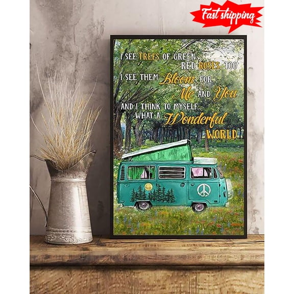 Hippie Peace Bus In The Forest I See Trees Of Green, Red Roses Too 16 x 24 Inch Poster