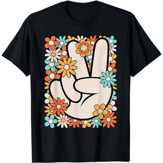 Hippie Peace Hand Sign Groovy Flower 60s 70s Retro T-Shirt