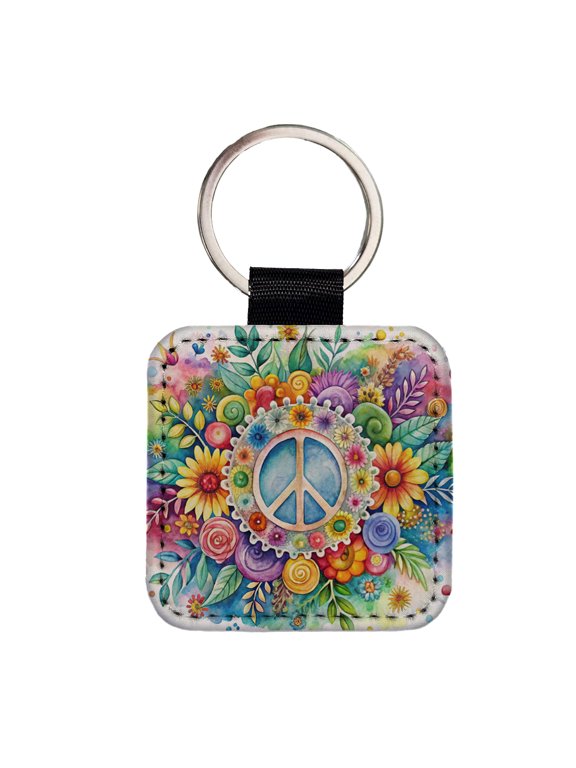 Hippie Peace Symbol Watercolor Faux Leather Square Keychain