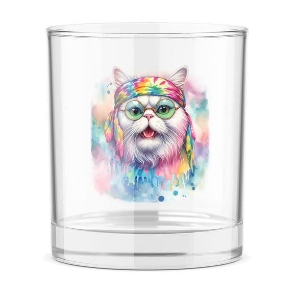 Hippie Persian Portrait Watercolor Tie-Dye Vintage Styles 11oz Whiskey Glass Mug Cat Lover Kitten Owner Gifts Whiskey Cocktail Glasses Cup - 00014