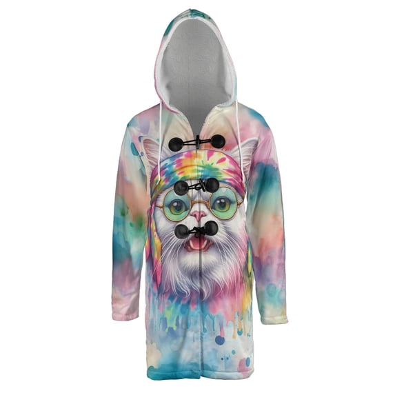 Hippie Persian Portrait Watercolor Tie-Dye Vintage Styles All Over Print 3D Hooded Duffle Toggle Coat Cat Lover Kitten Owner Gifts - 00014