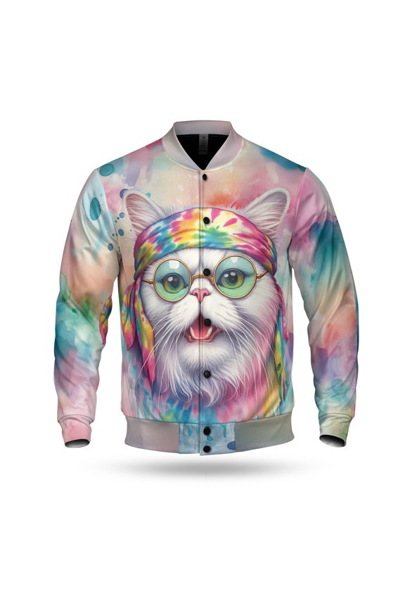 Hippie Persian Portrait Watercolor Tie-Dye Vintage Styles All Over Print 3D Baseball Jacket Cat Lover Kitten Owner Gifts Bomber Jacket Softball - 00014