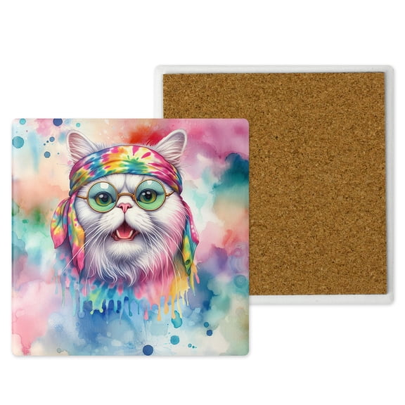 Hippie Persian Portrait Watercolor Tie-Dye Vintage Styles Set of 4 Stone Coasters Cat Lover Kitten Owner Gifts 4x4in Absorbent Soapstone Coaster - 00014