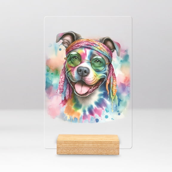 Hippie Pitbull Portrait Watercolor Tie-Dye Vintage Styles Acrylic Plaque Sign Ashwood Base Terrier Dog Lover Home Desk Decor - 00014