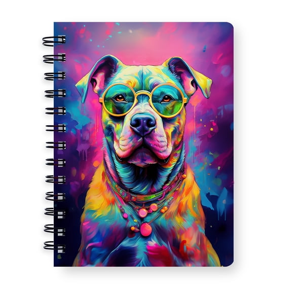 Hippie Pitbull Portrait oil painting Watercolor Tie-dye Vintage Spiral Bound Journal Terrier Dog Lover 5x7in Spiral Notebook - 00015
