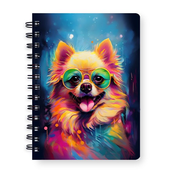 Hippie Pomeranian Portrait oil painting Watercolor Tie-dye Vintage Spiral Bound Journal Pom Dog Lover Gifts 5x7in Spiral Notebook - 00015