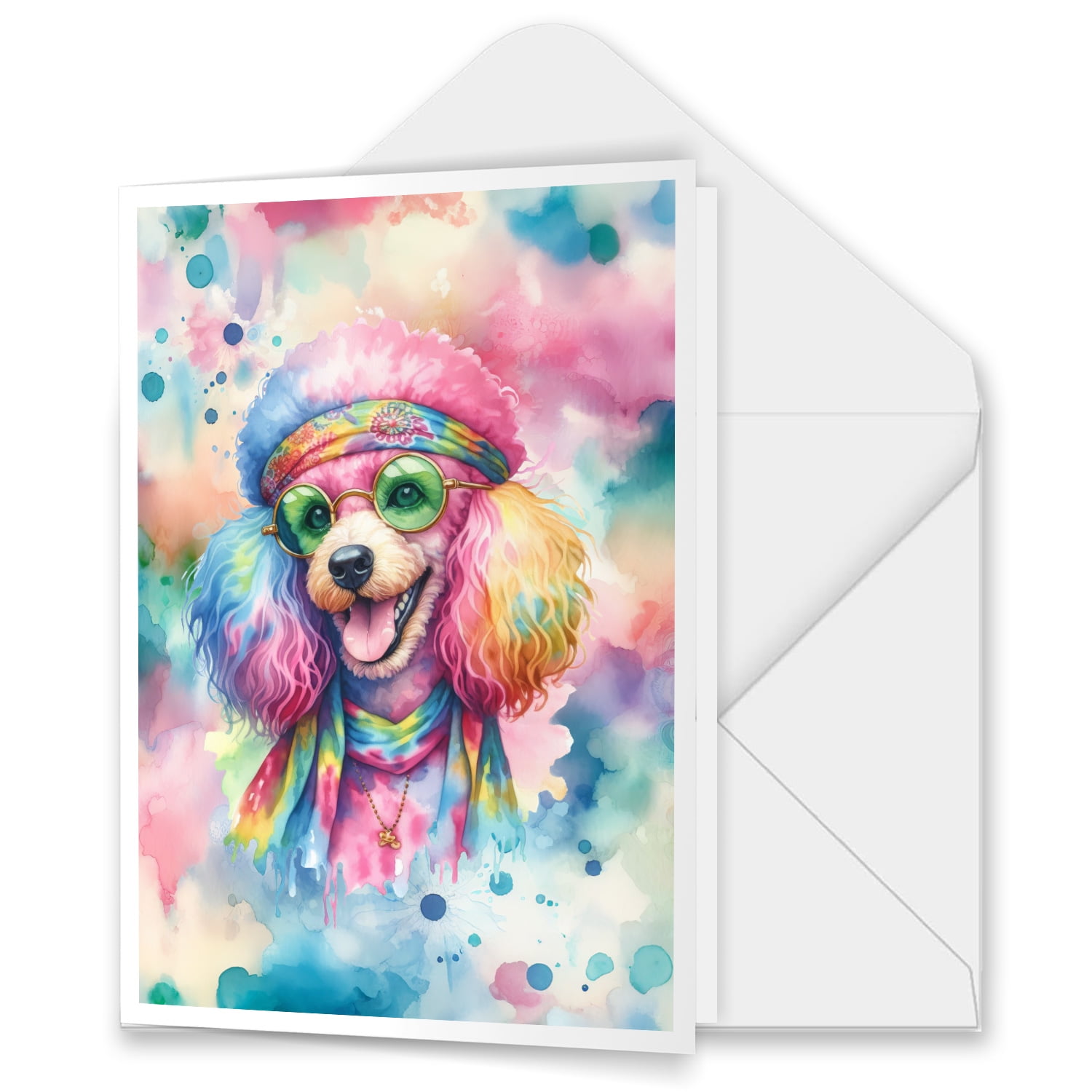 Hippie Poodle Portrait Watercolor Tie Dye Vintage Styles 5x7in Folded