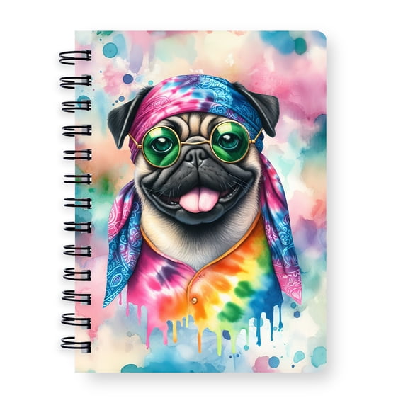Hippie Pug Portrait Watercolor Tie-Dye Vintage Styles Spiral Bound Journal Dog Lover Gifts 5x7in Spiral Notebook - 00014